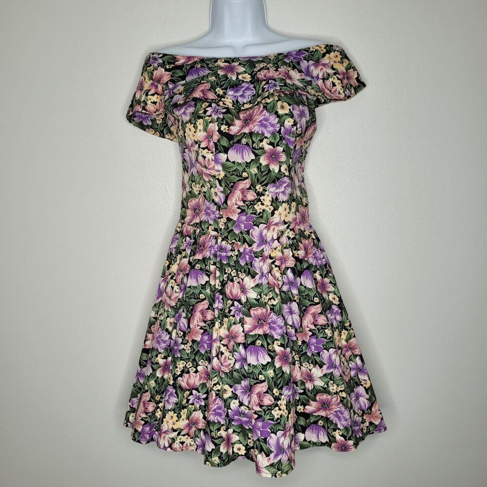 Vintage 80s 90s Sweet Miranda dark floral mini off the shoulder cottage dress 3